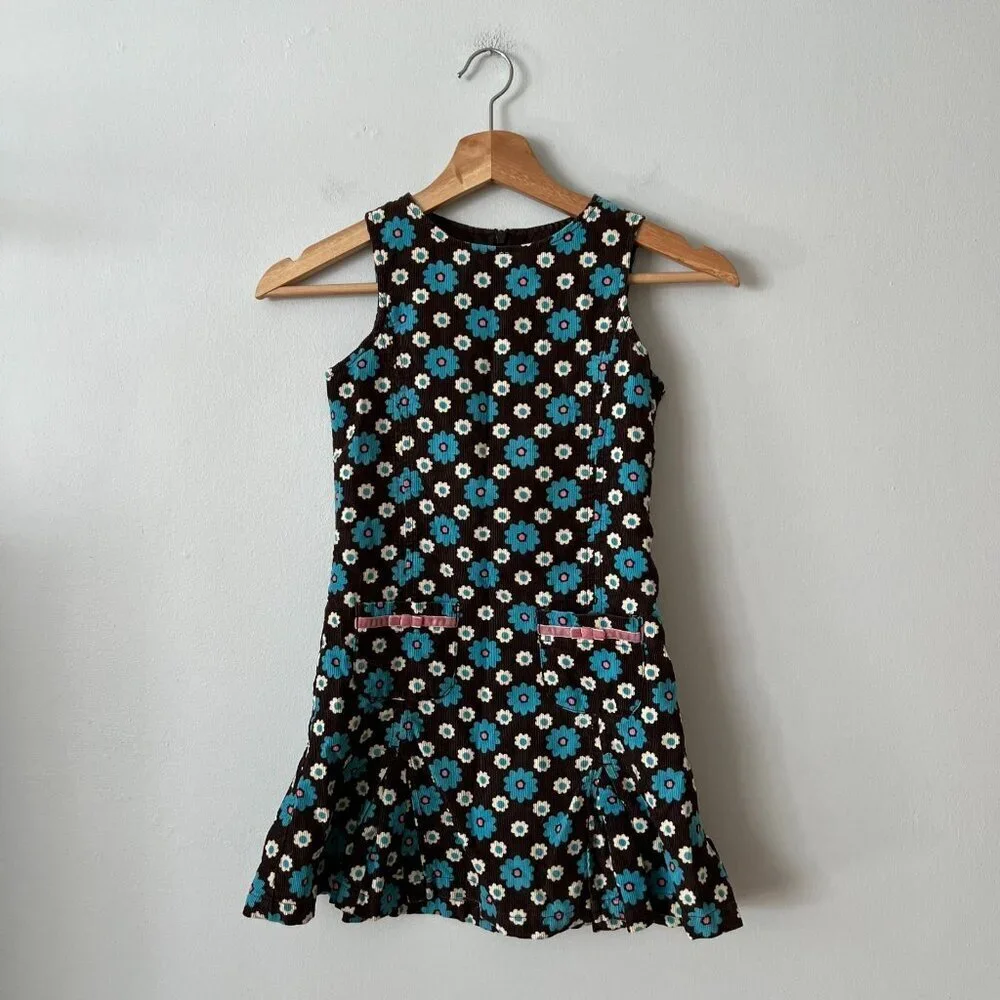 Boden Brown Blue Floral Corduroy Jumper Dress Girl's Size 7-8 Years